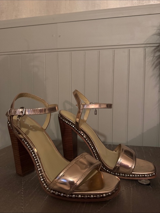 Coach Shoes - Coach Metallic Rose Gold Block Heel Sandals with Studded Trim